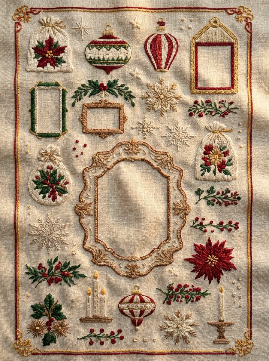 Christmas Pouch Label And Keepsake from Christmas Embroidery Collection Book 1, a digital embroidery design reference for machine embroidery designs, embroidery patterns and frames and monogram spaces.