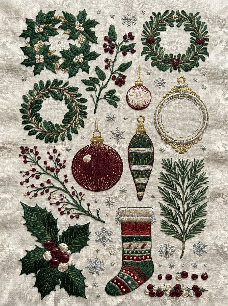 Christmas Wreath Ornament And Stocking 02 from Christmas Embroidery Collection Book 1, a digital embroidery design reference for machine embroidery designs, embroidery patterns and frames and monogram spaces.