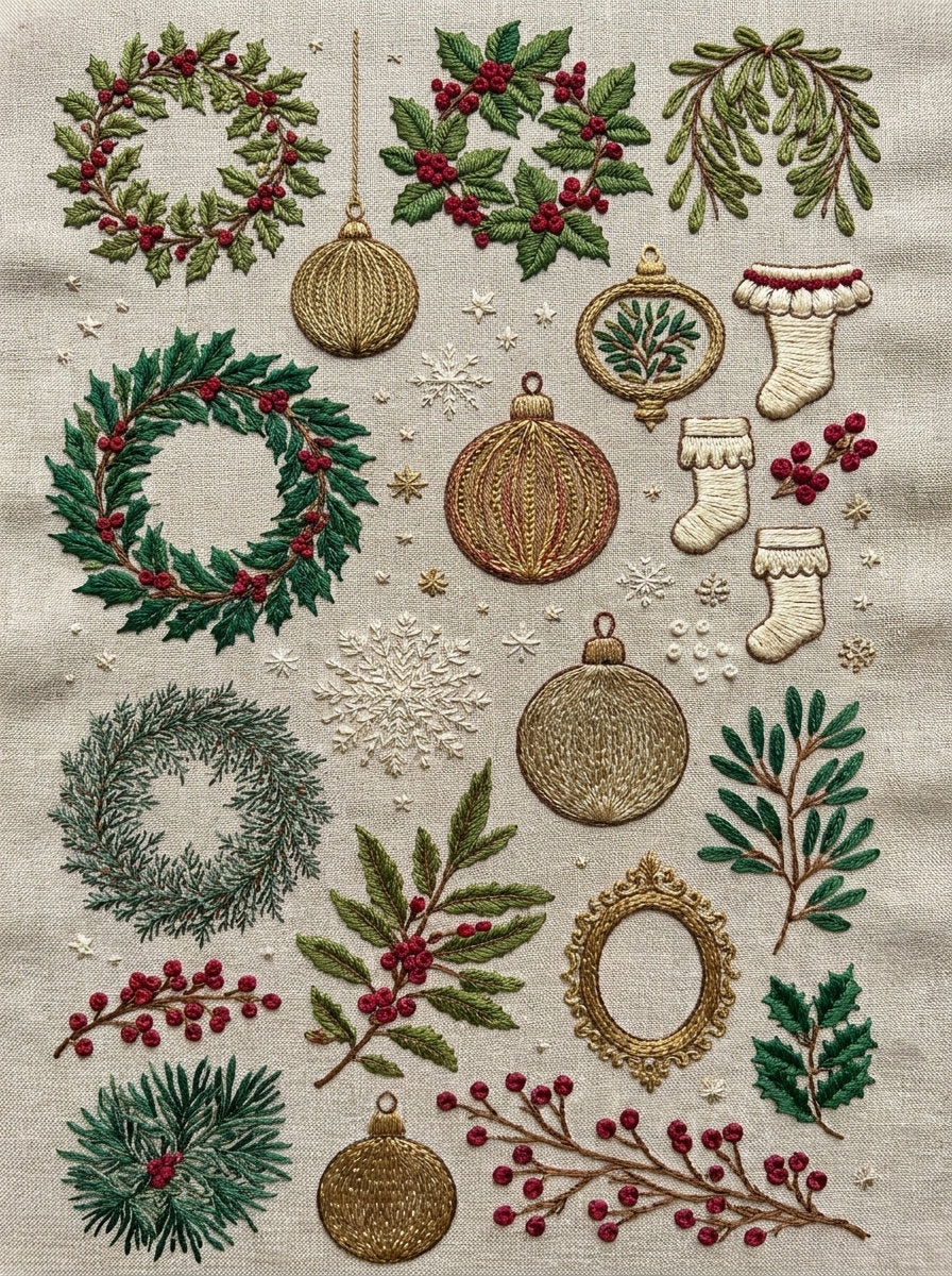 Christmas Wreath Ornament And Stocking from Christmas Embroidery Collection Book 1, a digital embroidery design reference for machine embroidery designs, embroidery patterns and frames and monogram spaces.