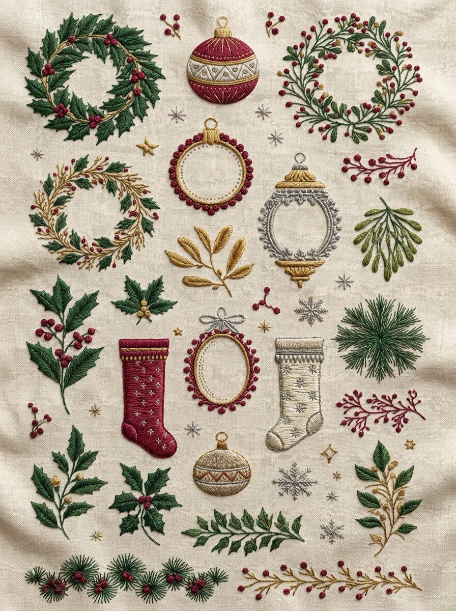 Christmas Wreath Ornament And Stocking from Christmas Embroidery Collection Book 2, a digital embroidery design reference for machine embroidery designs, embroidery patterns and frames and monogram spaces.
