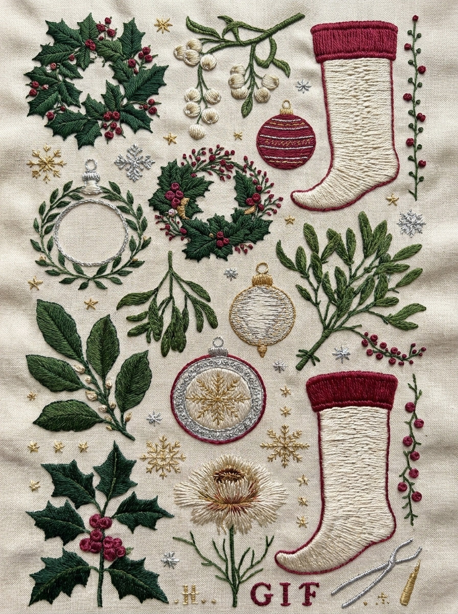Christmas Wreath Ornament And Stocking from Christmas Embroidery Collection Book 3, a digital embroidery design reference for machine embroidery designs, embroidery patterns and frames and monogram spaces.