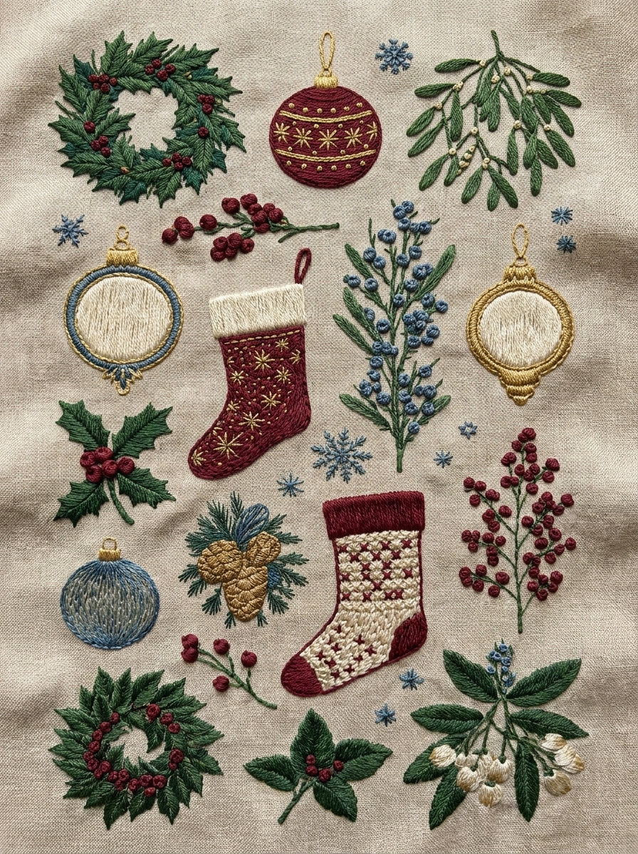 Christmas Wreath Ornament And Stocking from Christmas Embroidery Collection Book 4, a digital embroidery design reference for machine embroidery designs, embroidery patterns and frames and monogram spaces.