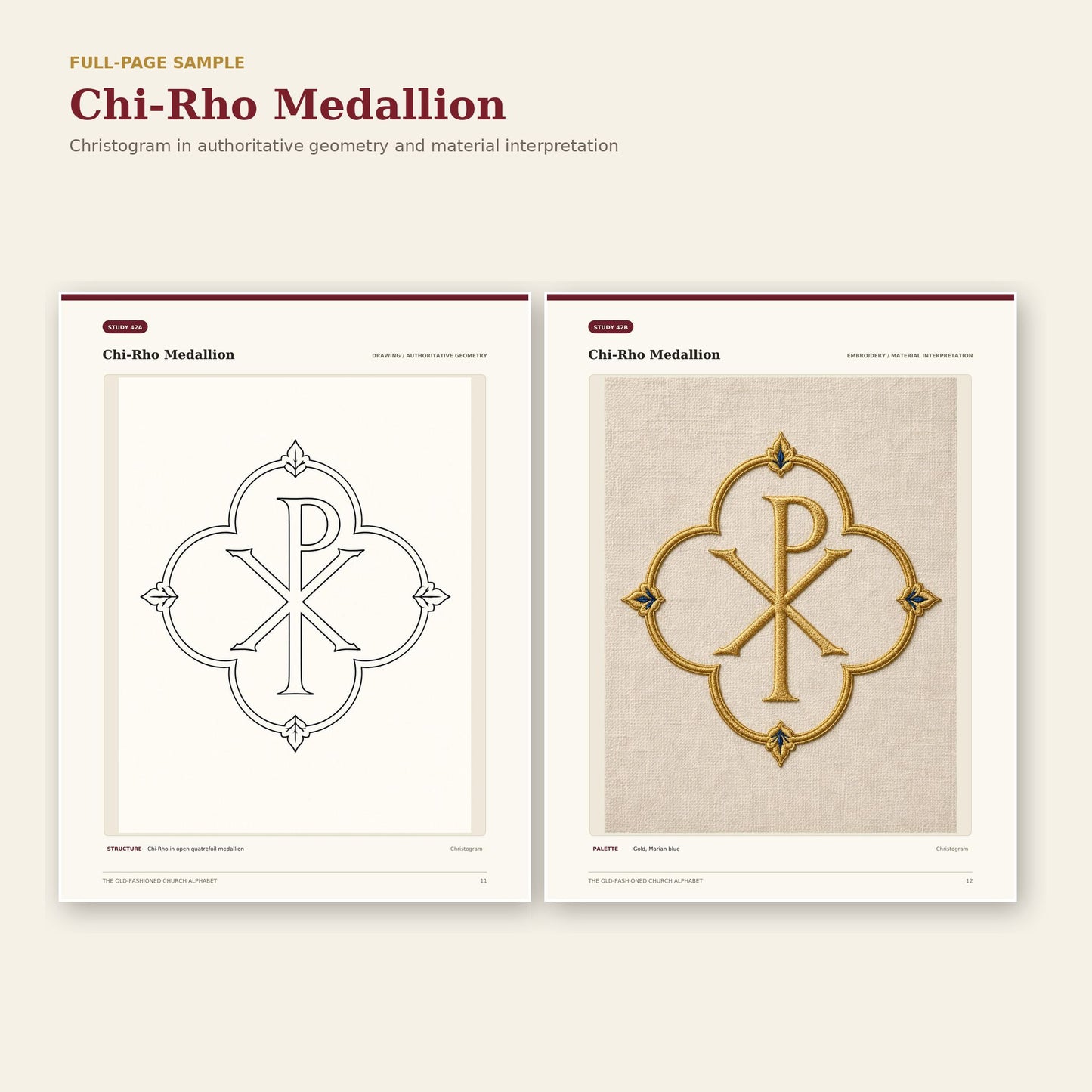 Chi-Rho medallion full-page drawing and embroidered interpretation sample