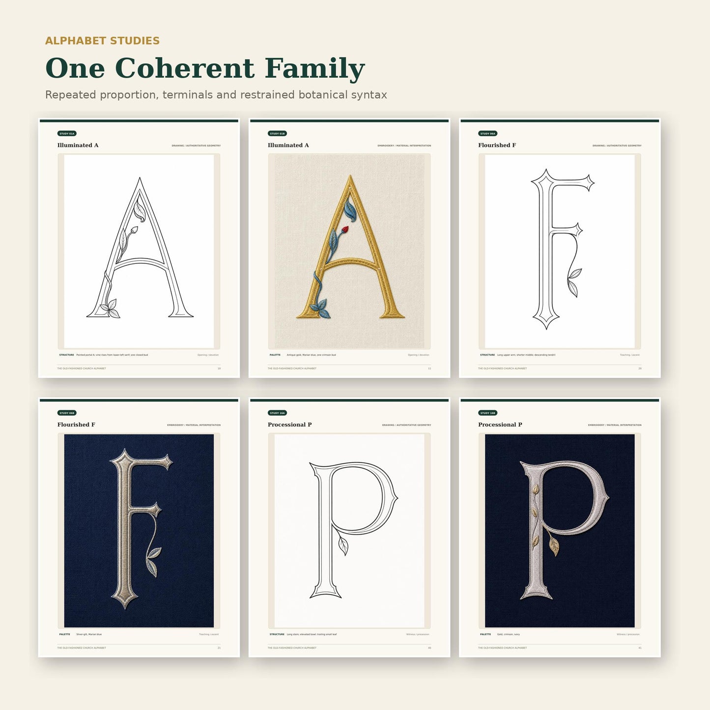 Coherent ecclesiastical alphabet family shown through A F and P drawing and embroidery plates