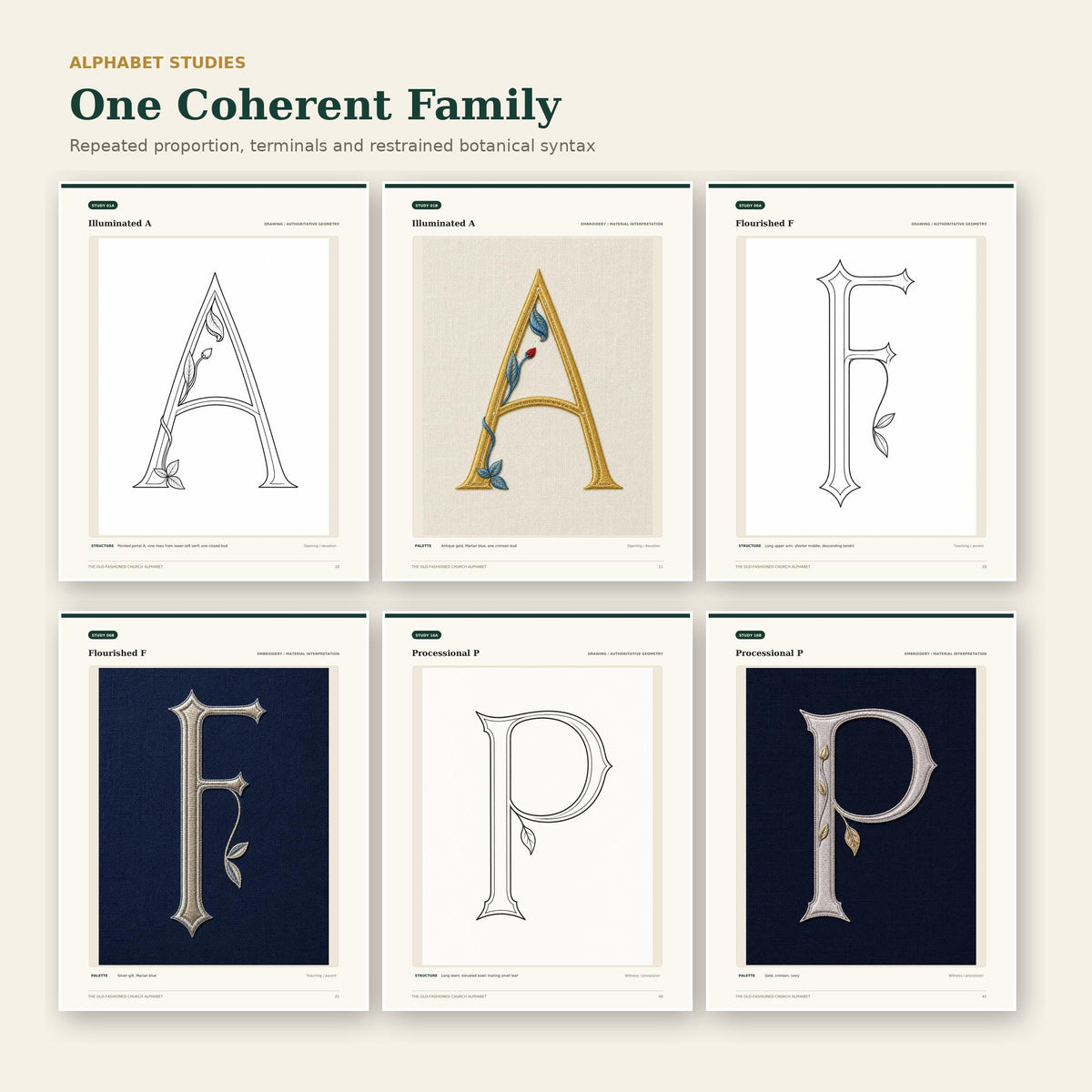 Coherent ecclesiastical alphabet family shown through A F and P drawing and embroidery plates
