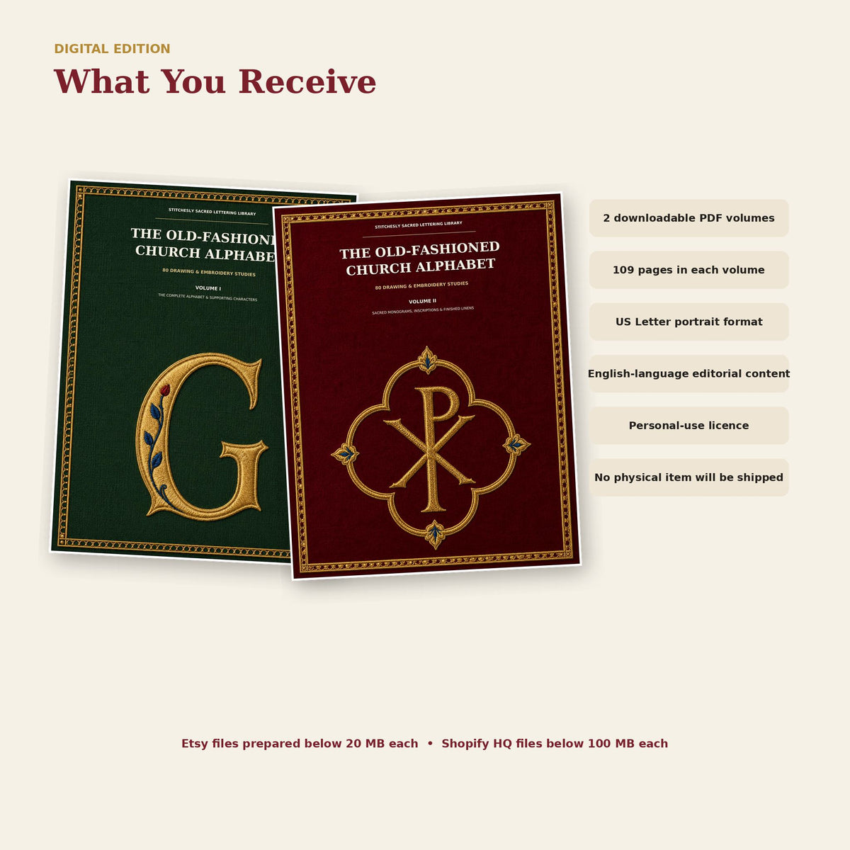 Digital download details for two US Letter PDF volumes with personal-use licence