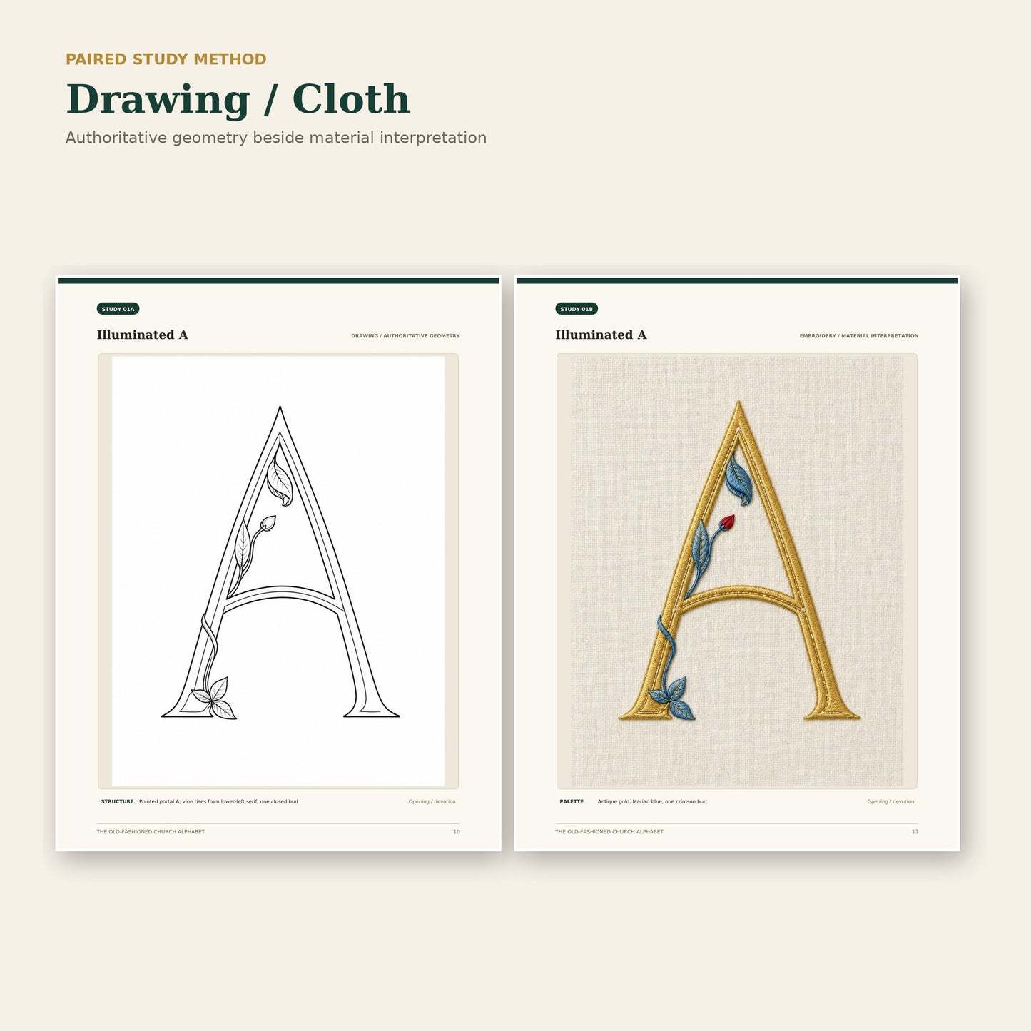 Illuminated A authoritative drawing beside its embroidered material interpretation