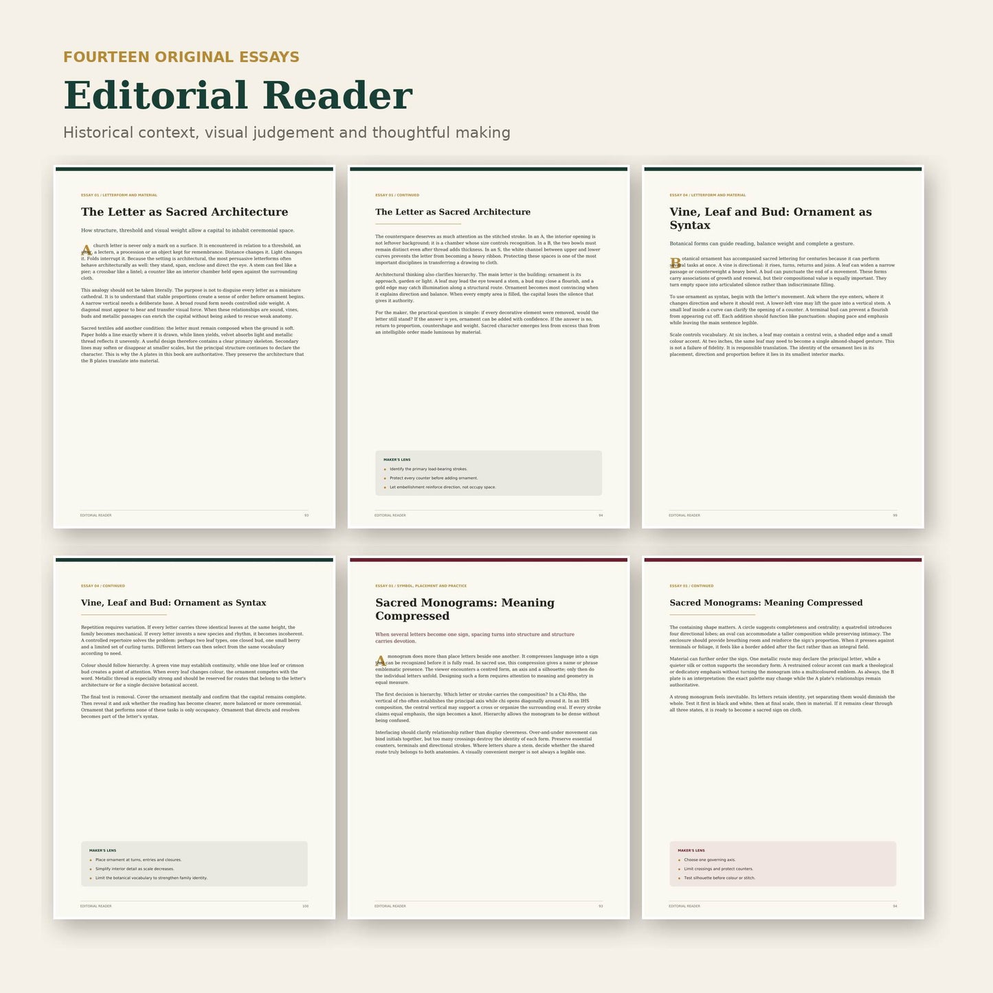 Selected pages from fourteen contextual essays on sacred lettering and textile practice