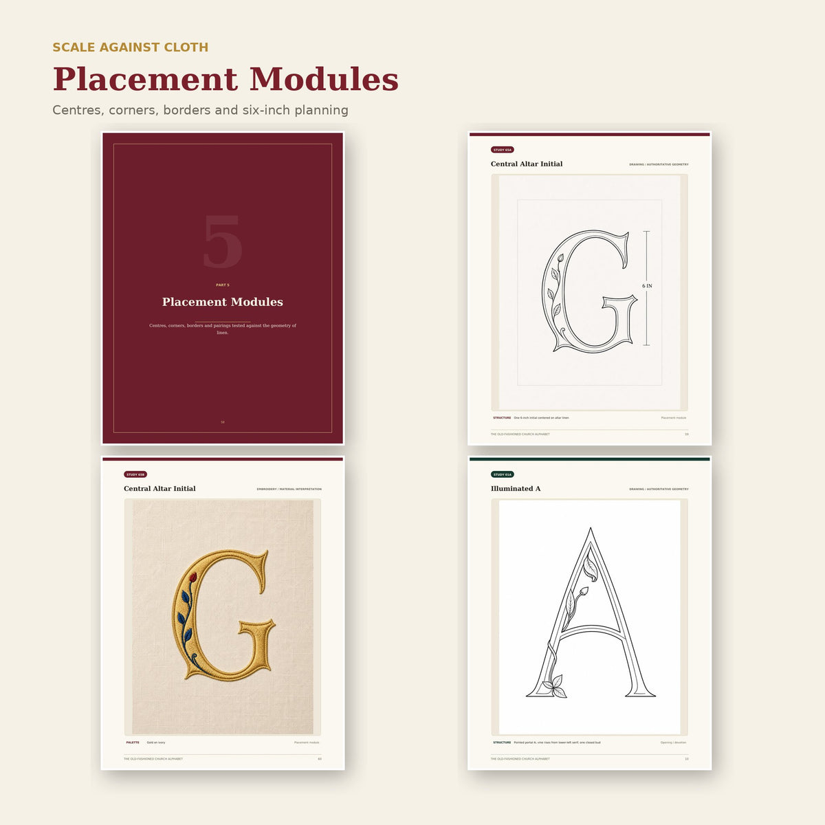 Placement modules for central initials scale planning borders and altar textiles