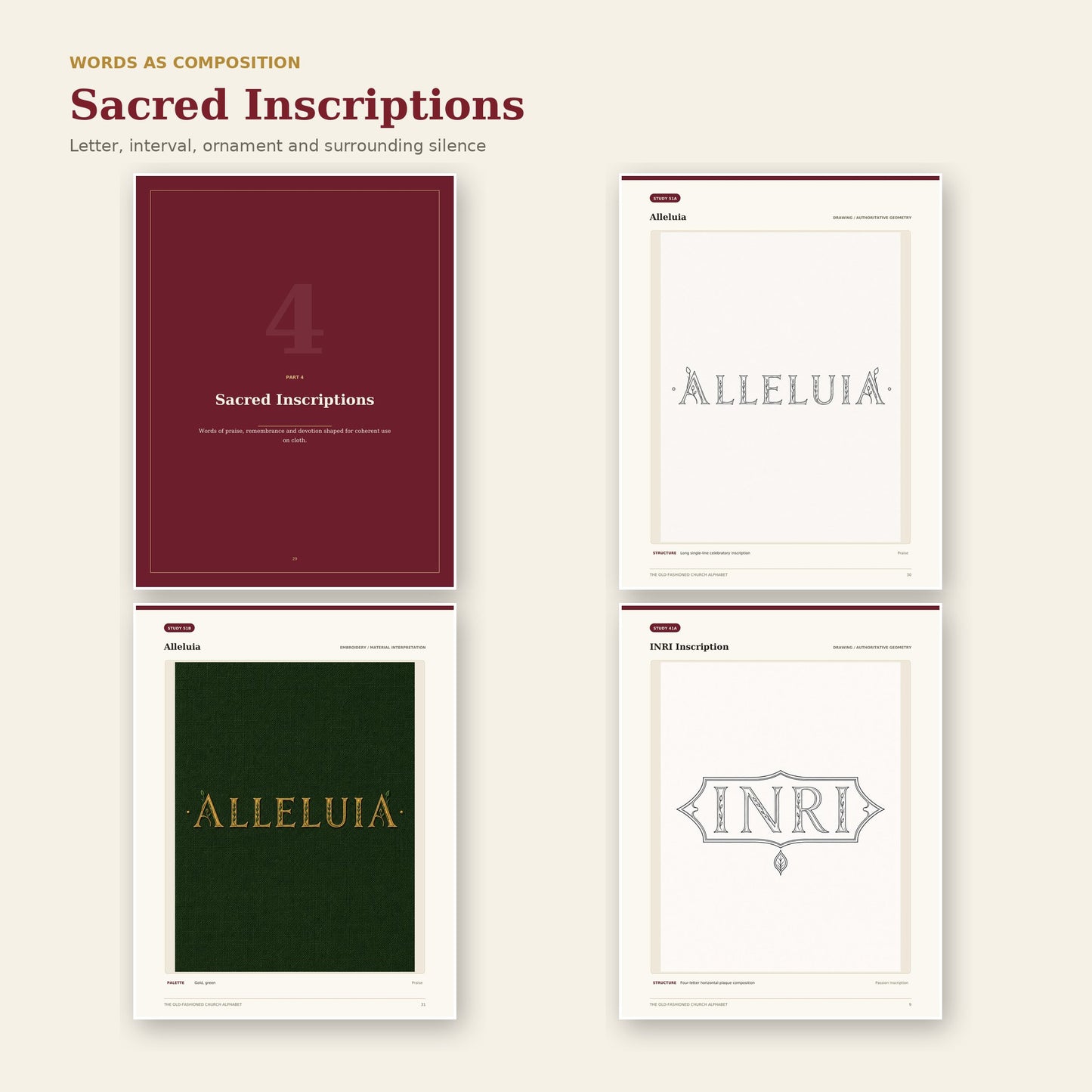 Sacred inscription studies including Alleluia and INRI in drawing and embroidered form