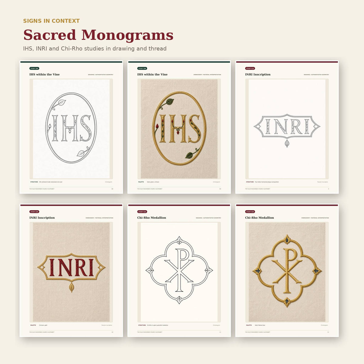 IHS INRI and Chi-Rho sacred monogram studies in drawing and embroidered interpretations