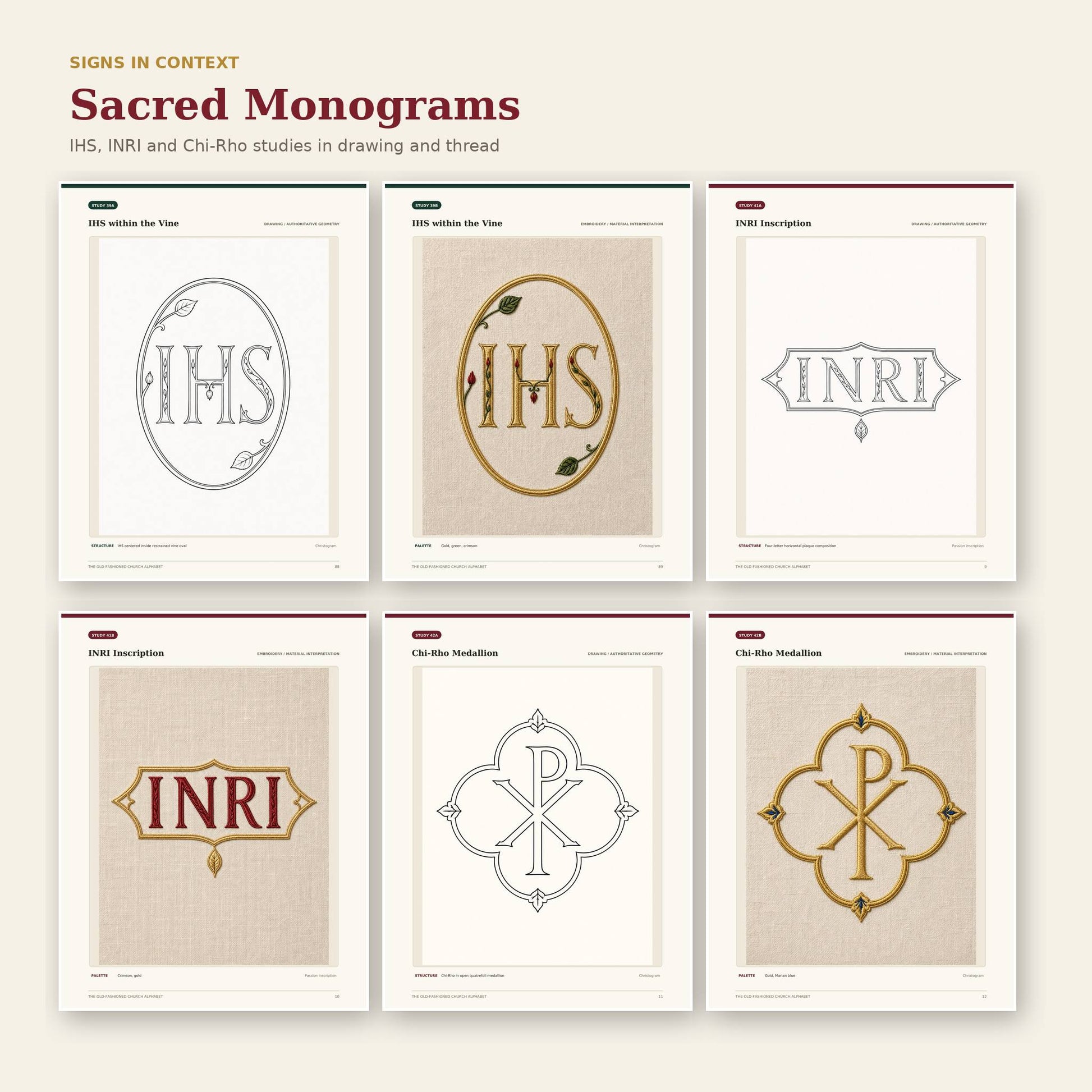 IHS INRI and Chi-Rho sacred monogram studies in drawing and embroidered interpretations