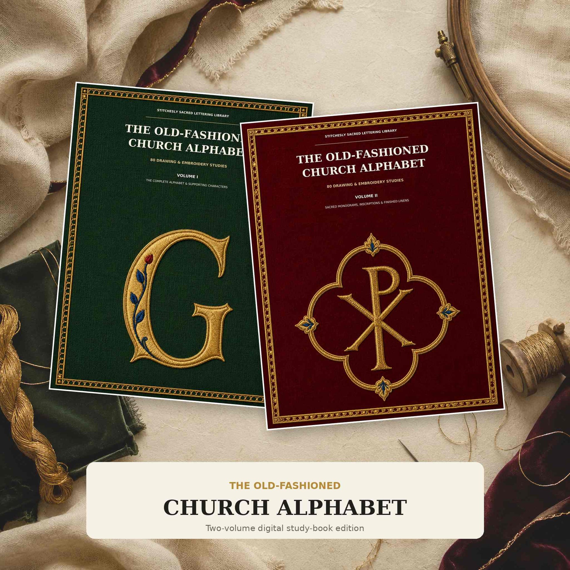 The Old-Fashioned Church Alphabet two-volume digital study-book set with green and crimson covers