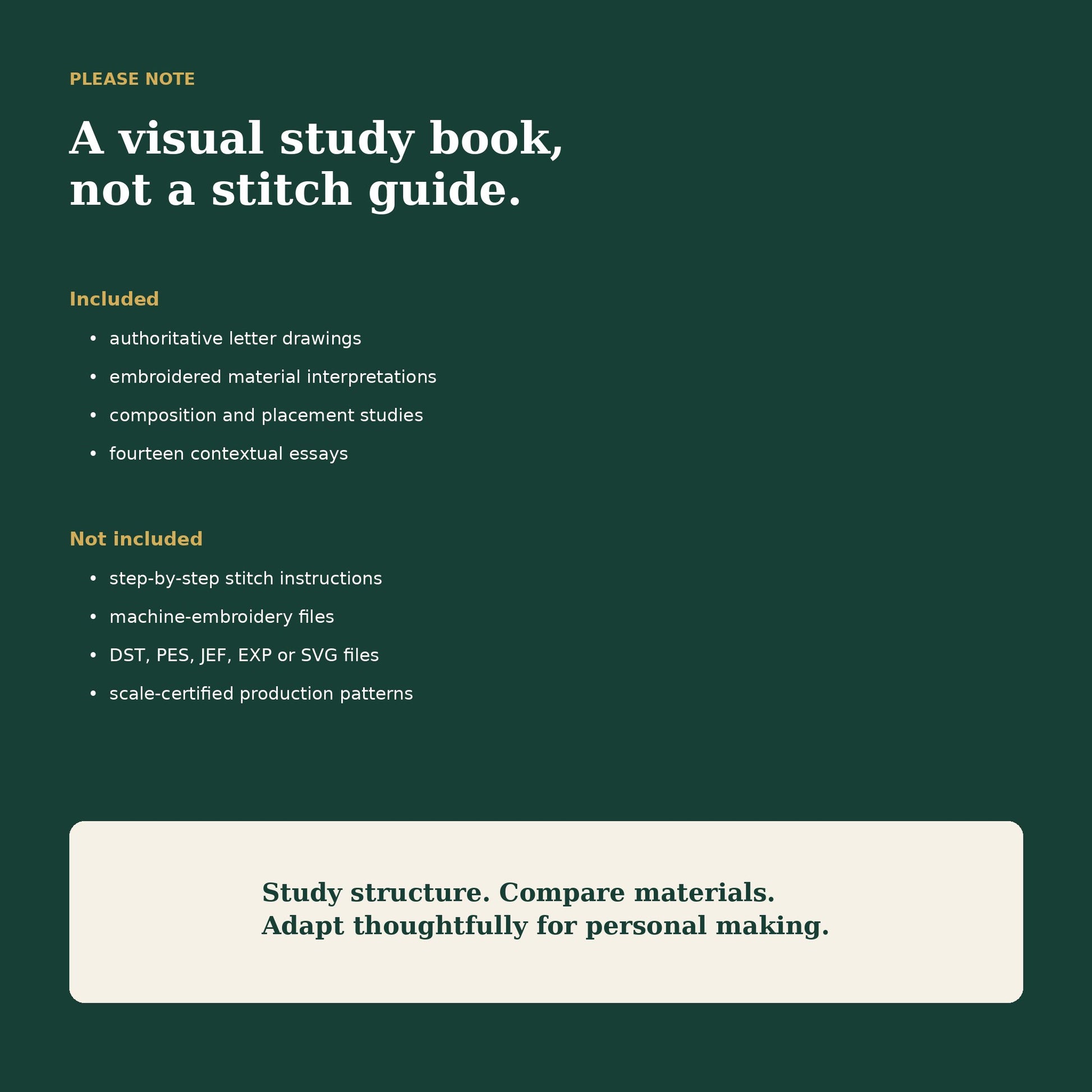 Important clarification that the publication is a visual study book and not a step-by-step stitch guide