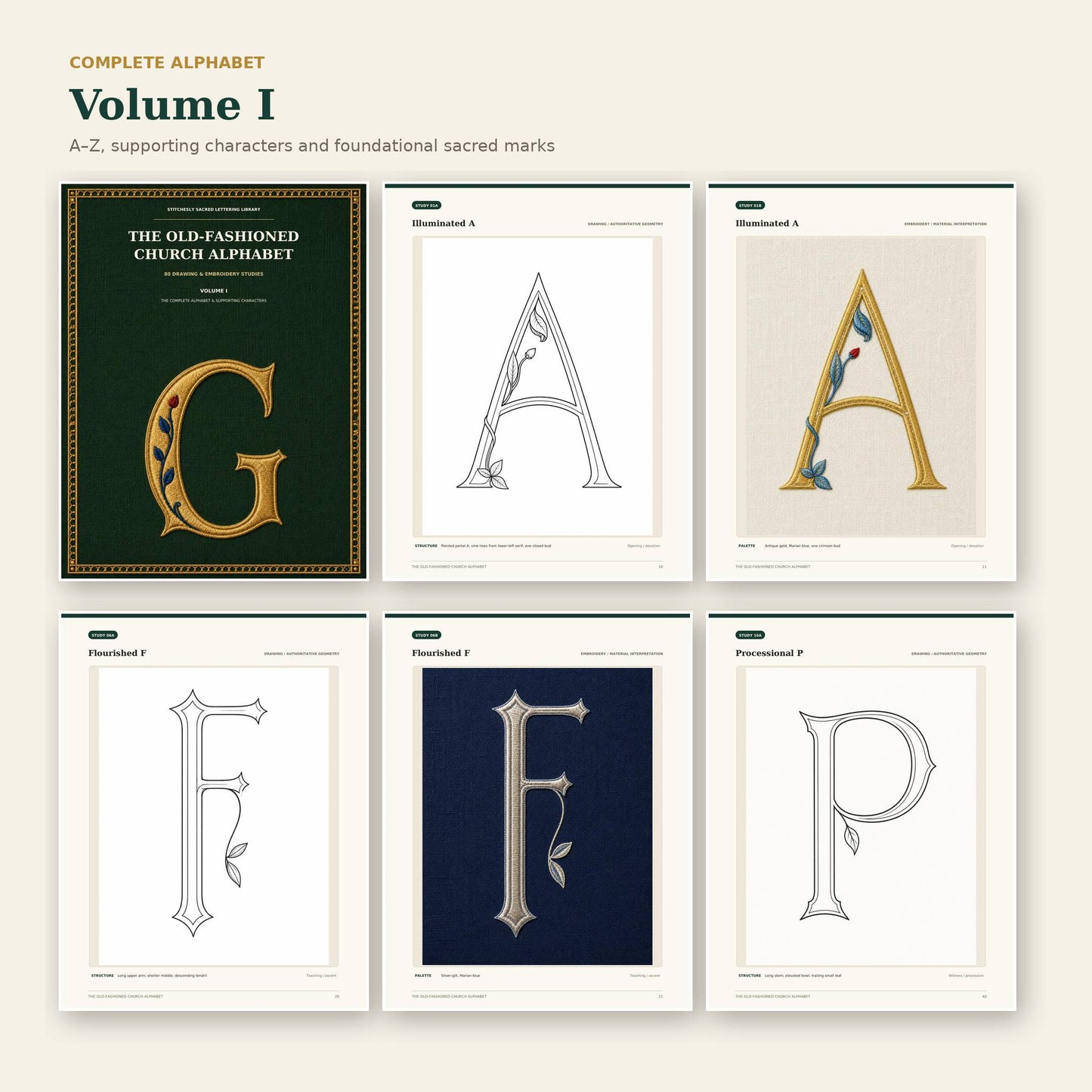 Volume One cover and selected complete alphabet drawing and embroidery studies