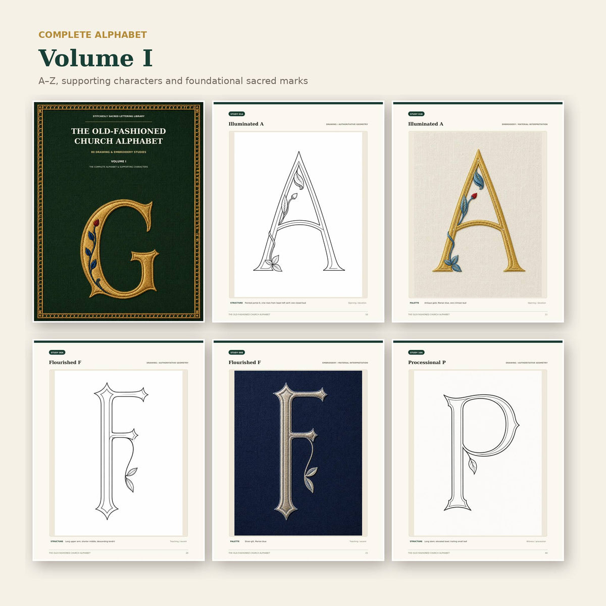 Volume One cover and selected complete alphabet drawing and embroidery studies