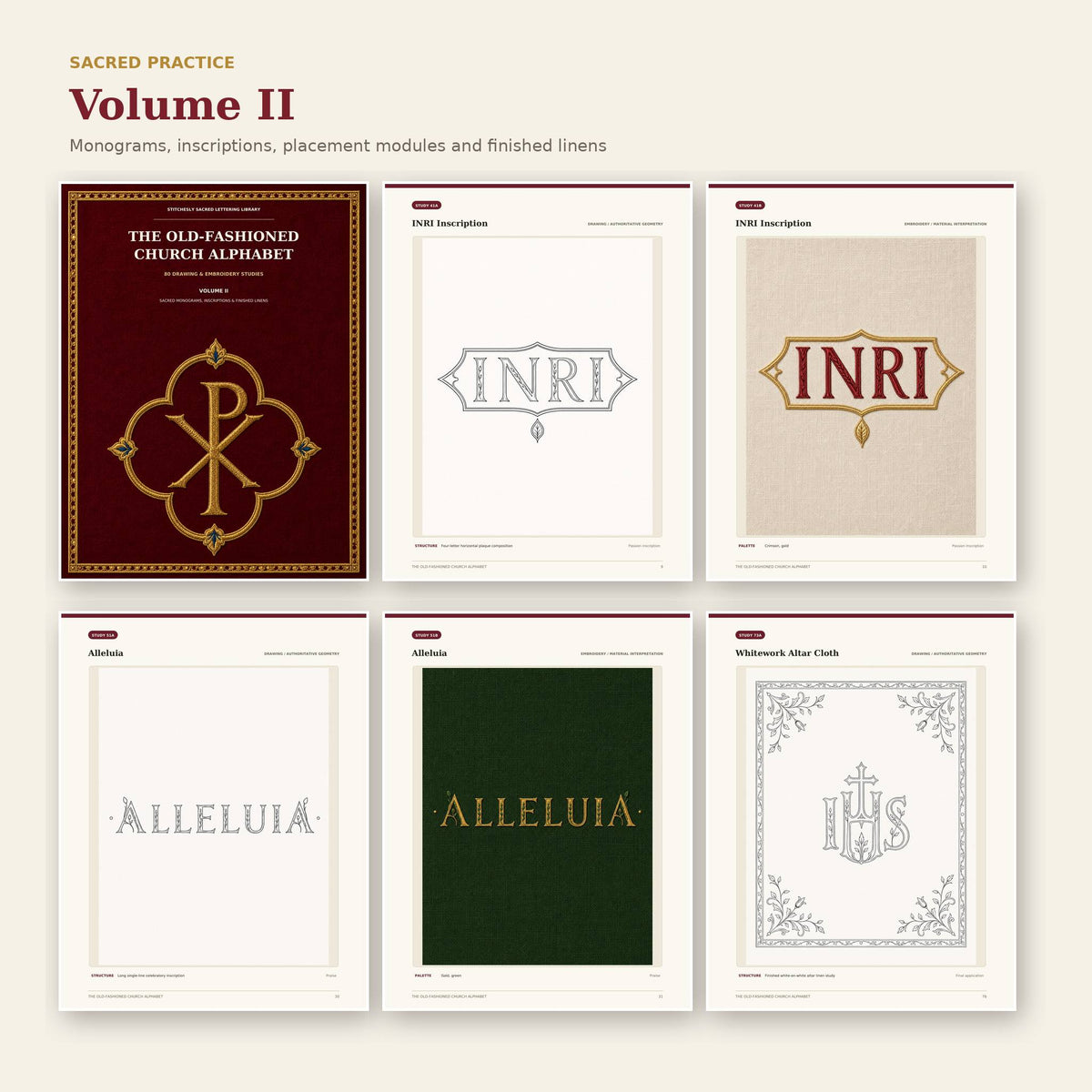 Volume Two cover with sacred monogram inscription and finished linen studies