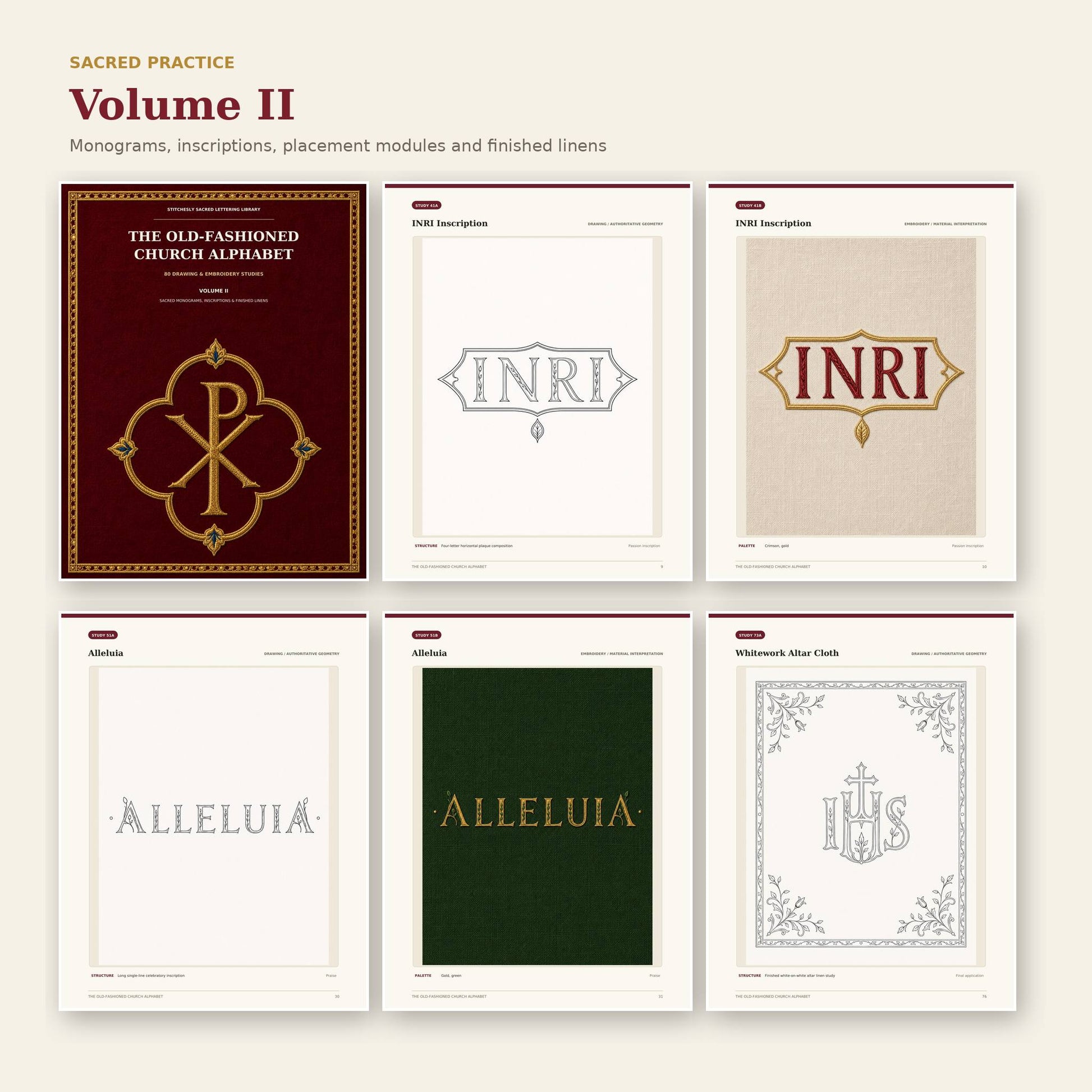 Volume Two cover with sacred monogram inscription and finished linen studies