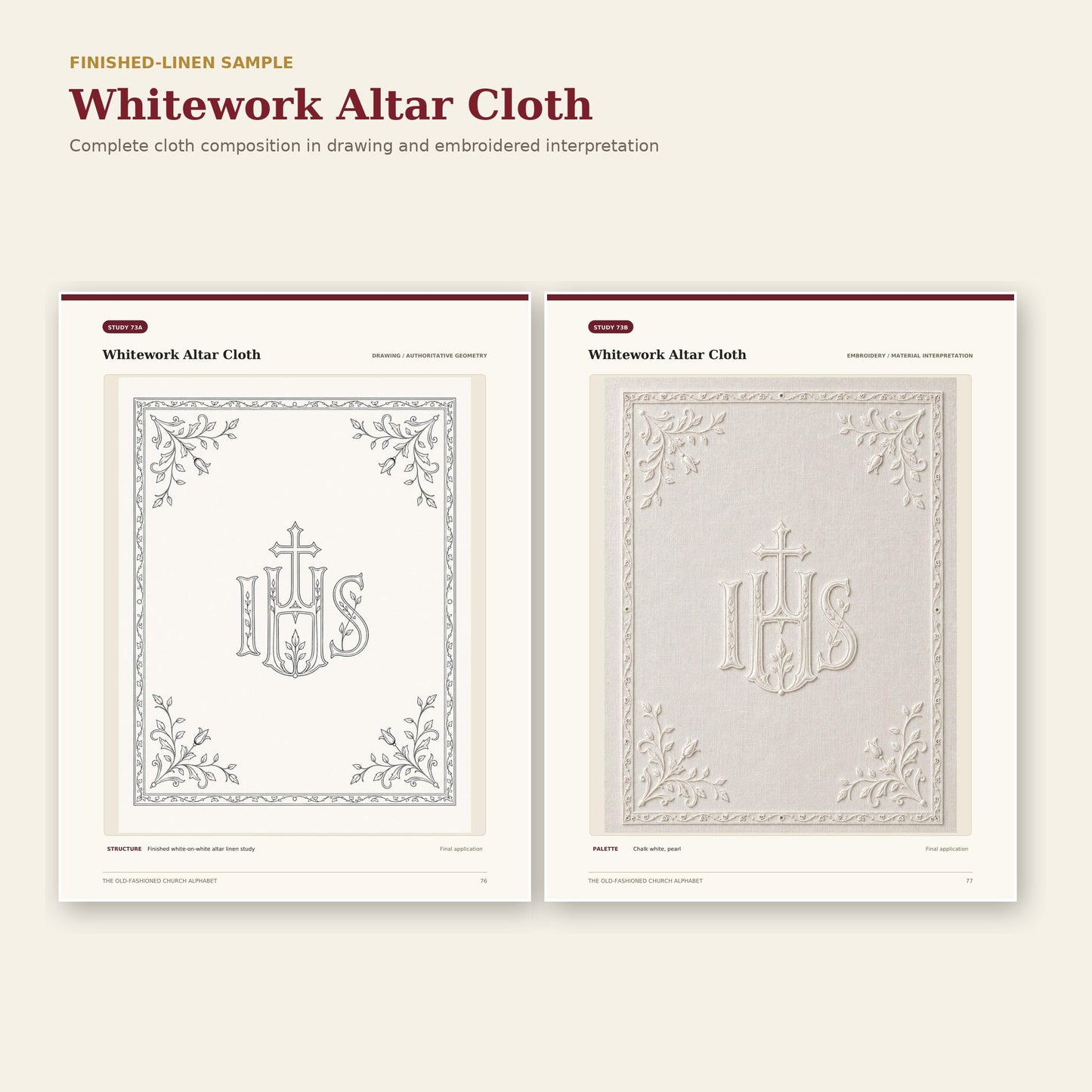 Whitework altar cloth full-page drawing and embroidered finished-linen sample
