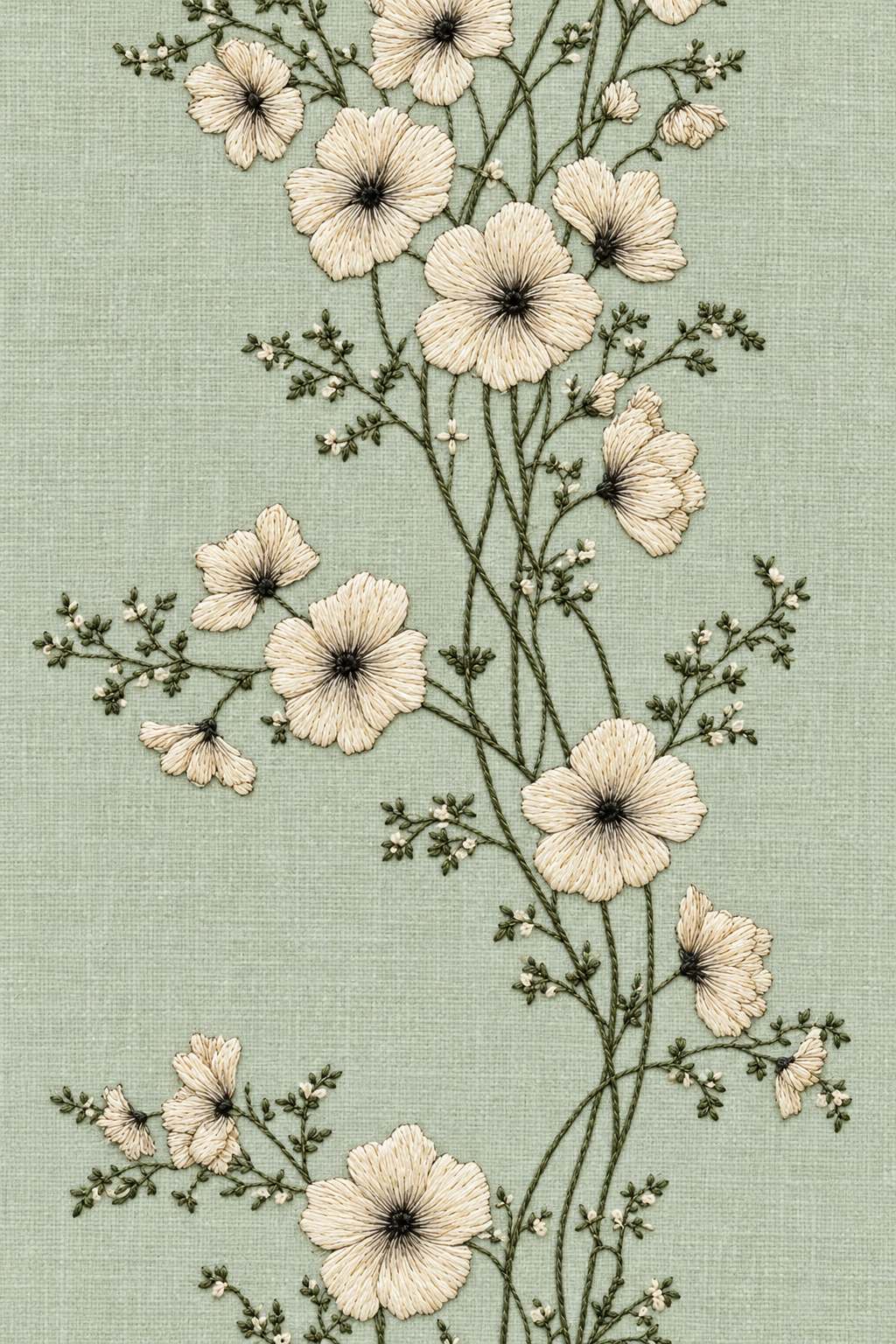 Fine cotton embroidery of airy small flower vertical border on pale celadon linen.