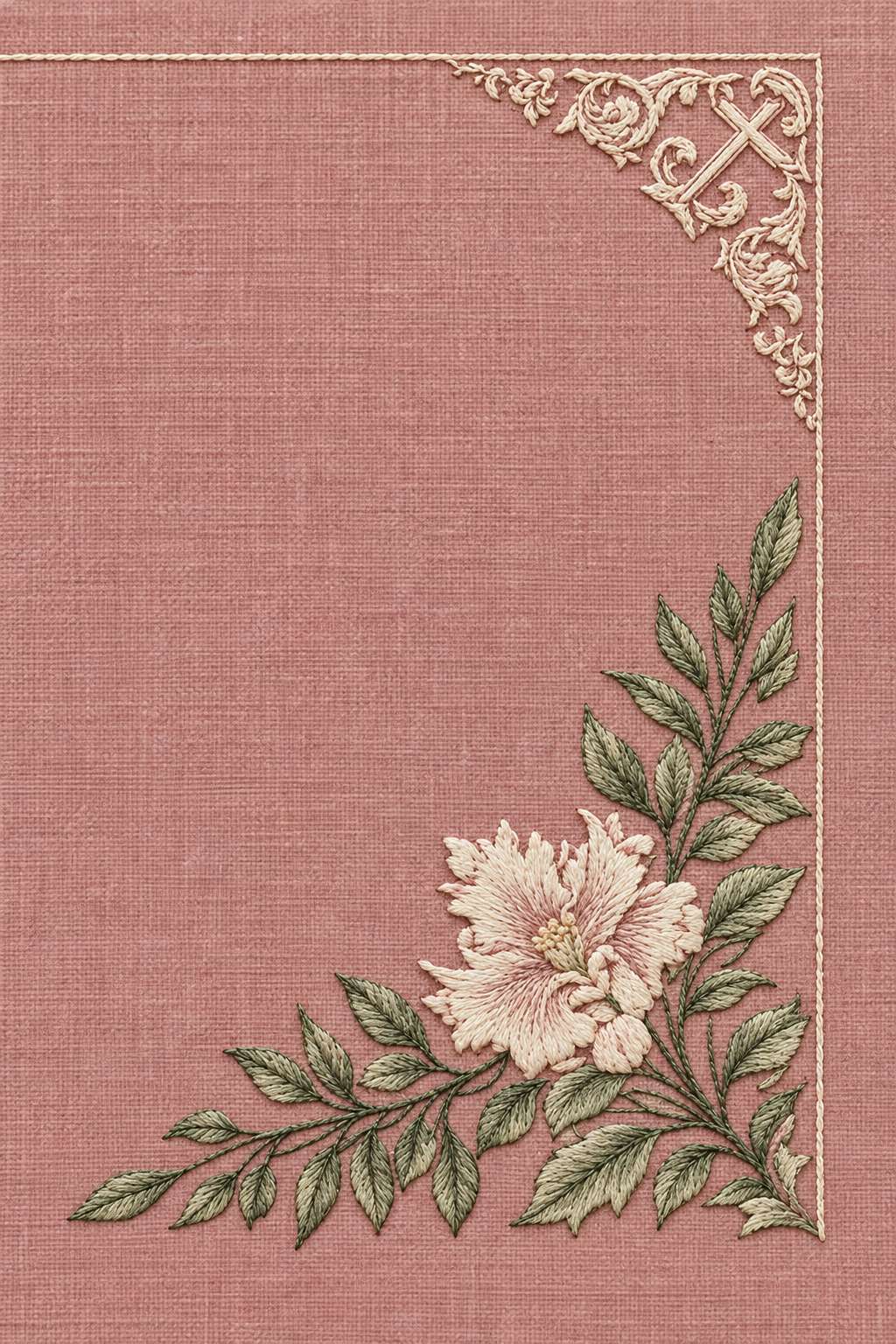 Fine cotton embroidery of cross and flower corner with leafy sprays on dusty rose linen.