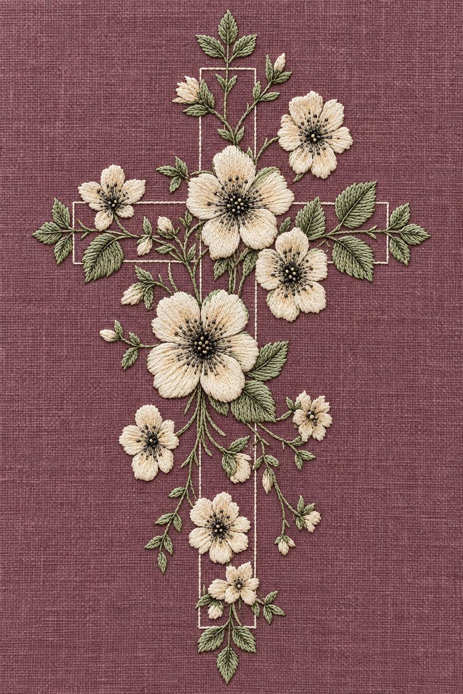 Fine cotton embroidery of flowering cross with vertical blossom spray on dusty plum linen.