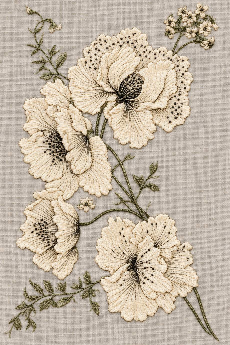Fine cotton embroidery of four ruffled flowers with speckled petals on pale stone grey linen.