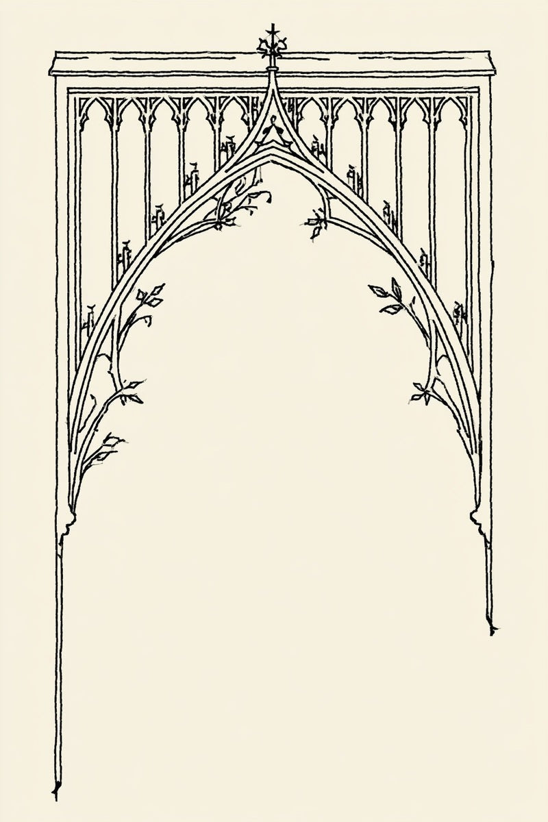 Original drawing of gothic arch with hanging tracery and leaves from Church Embroidery and Sacred Ornament Book Four.