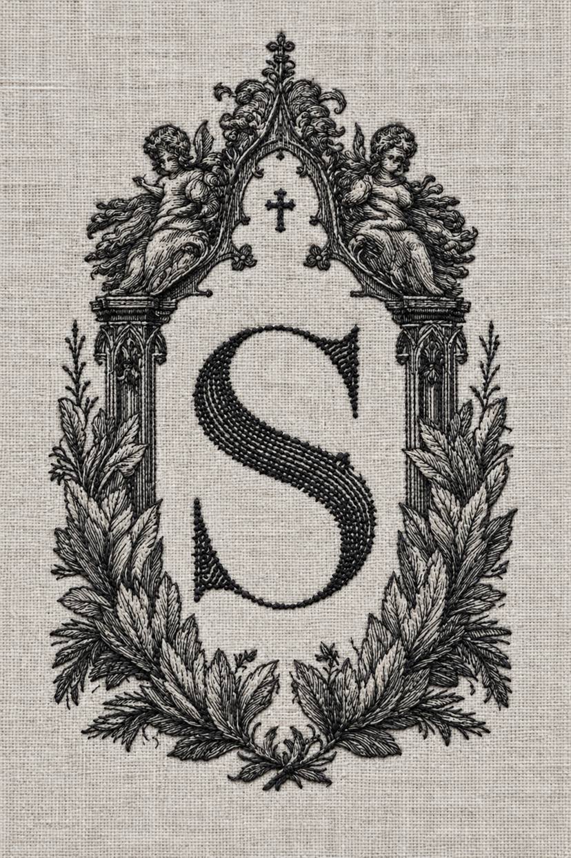 Fine cotton embroidery of ornate s monogram with cherubs and leafy frame on pale stone grey linen.
