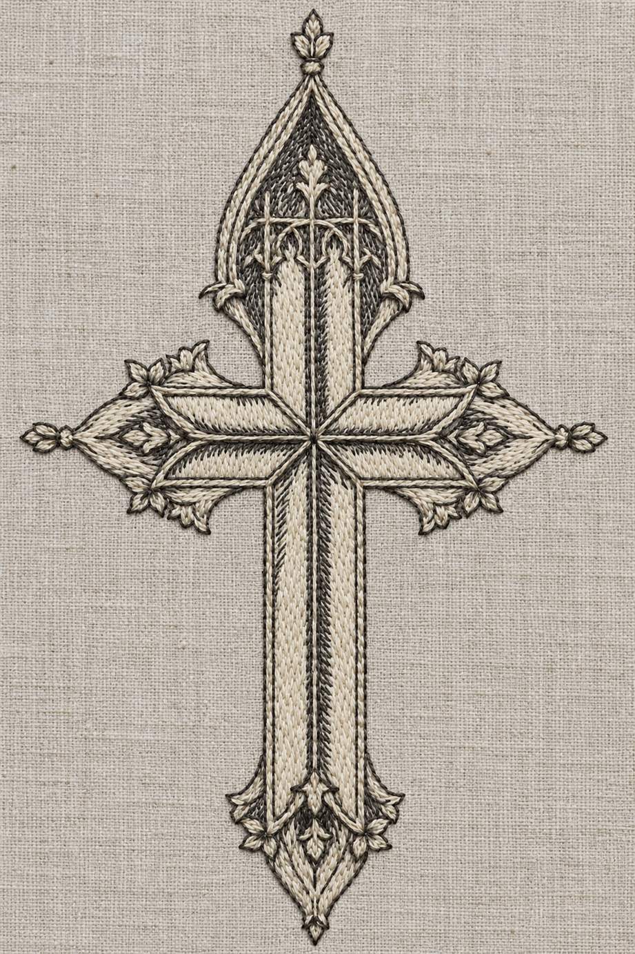 Fine cotton embroidery of pointed ornamental cross with leaf terminals on pale stone grey linen.