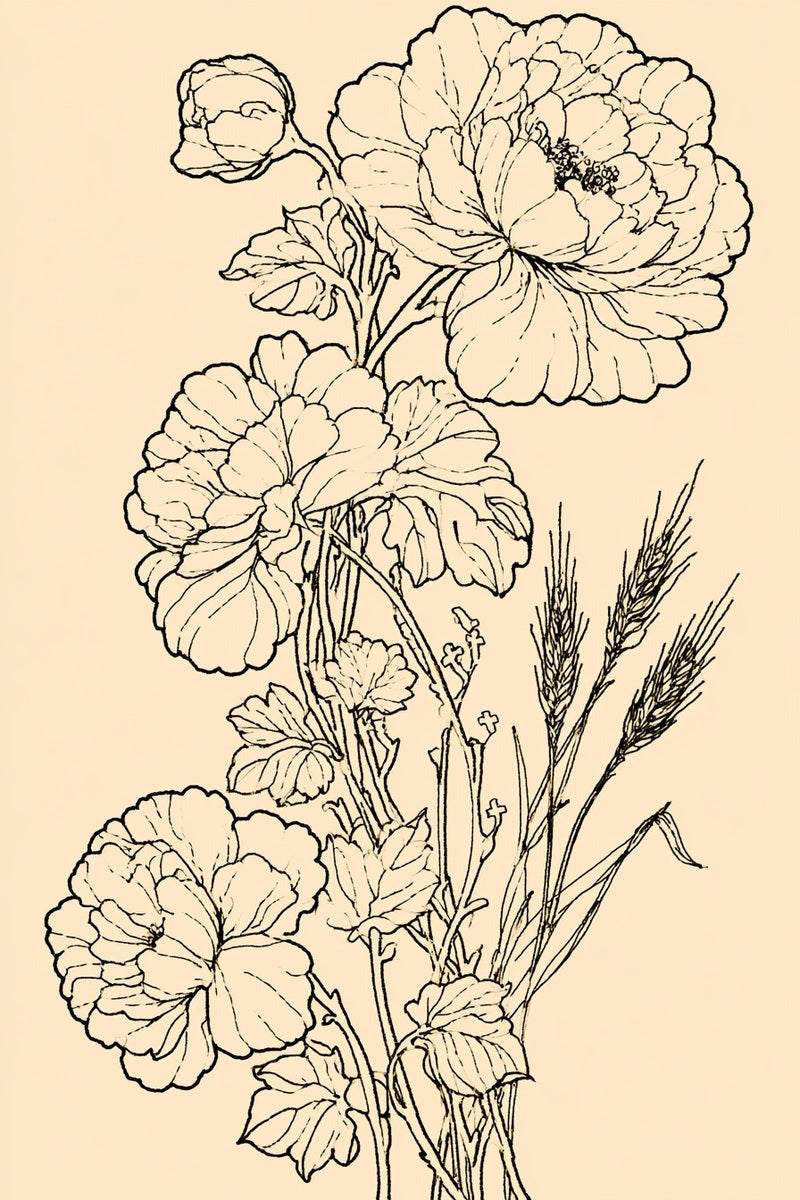 Original drawing of three full blossoms with wheat and cross sprigs from Church Embroidery and Sacred Ornament Book Four.