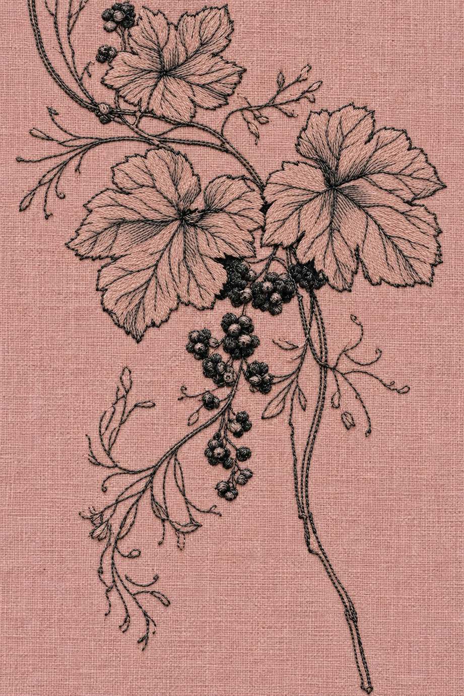 Fine cotton embroidery of three lobed leaves and hanging grape clusters on dusty rose linen.