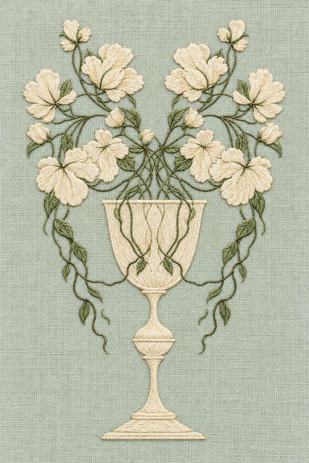 Warm ivory chalice and flowers with muted sage vines and hanging tendrils on pale celadon linen.