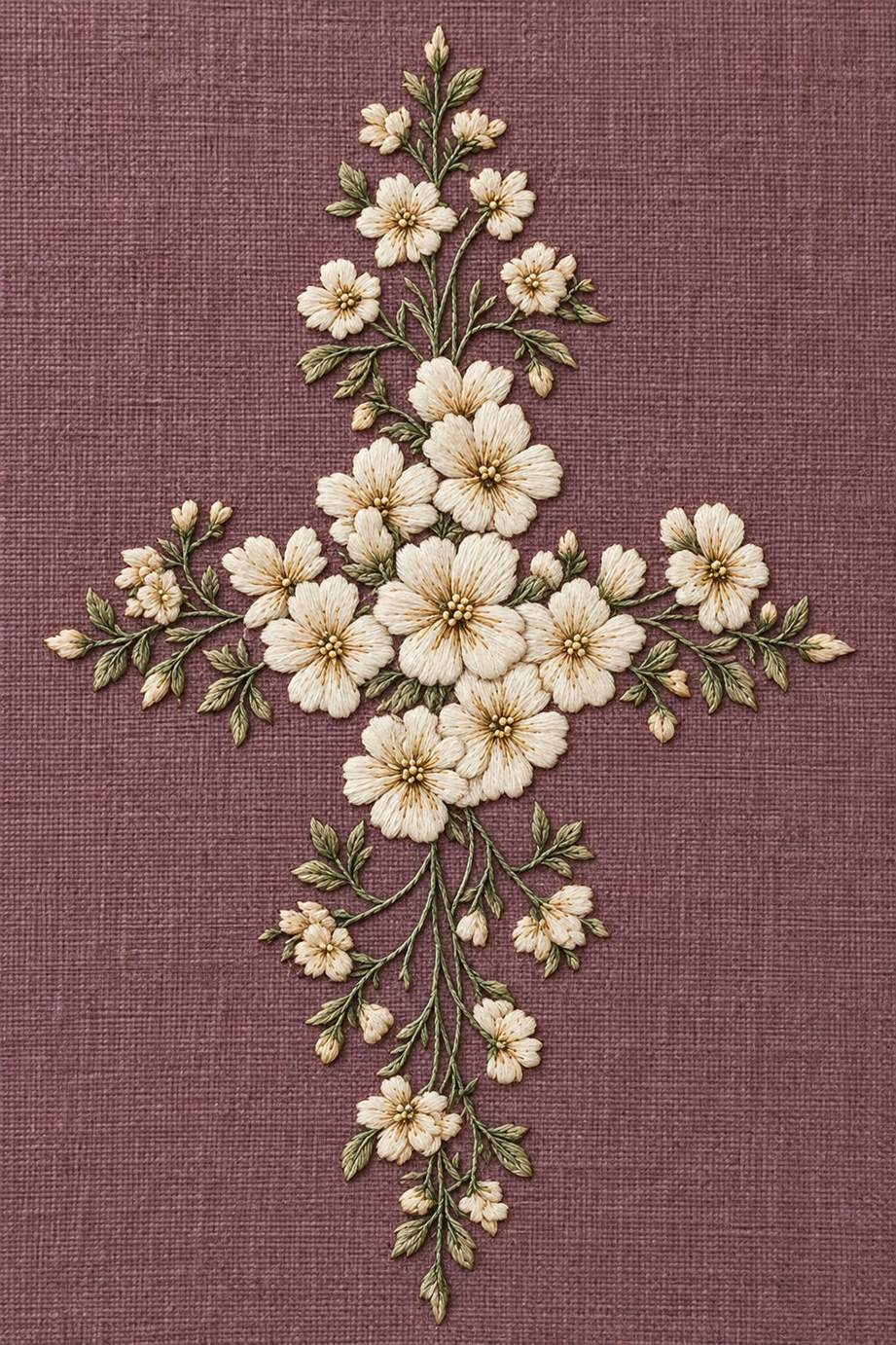 Warm ivory flowers and muted sage foliage forming a cross on dusty plum linen.