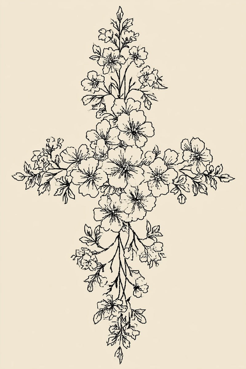 Original drawing of cross shaped flowering branches from Church Embroidery and Sacred Ornament Edition One.