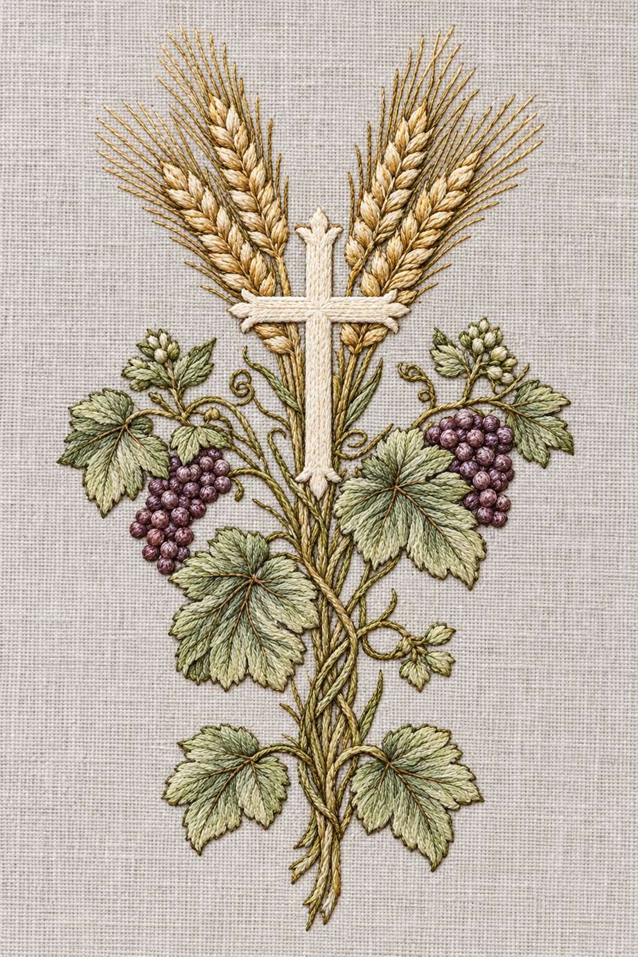 Warm ivory cross with wheat-gold ears, sage grape leaves and dusty plum grape clusters on pale stone-grey linen.