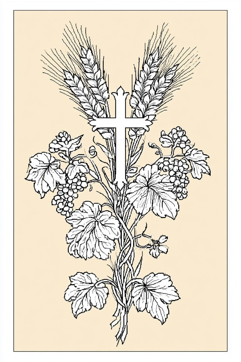 Original drawing of cross with wheat and grapevines from Church Embroidery and Sacred Ornament Edition One.