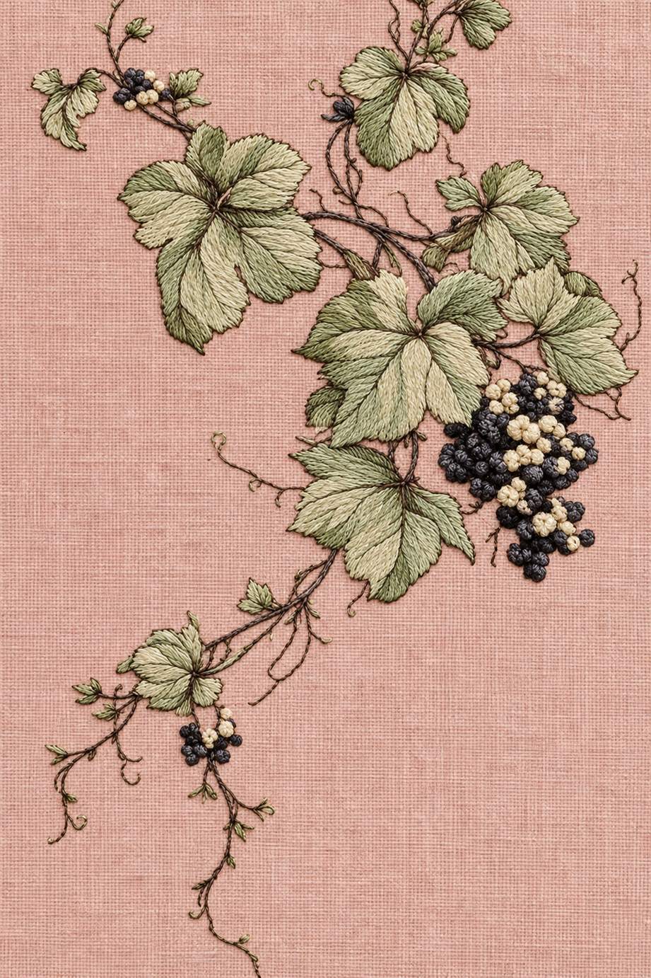 Muted sage grape leaves with charcoal and ivory grape clusters and fine curling stems on dusty rose linen.