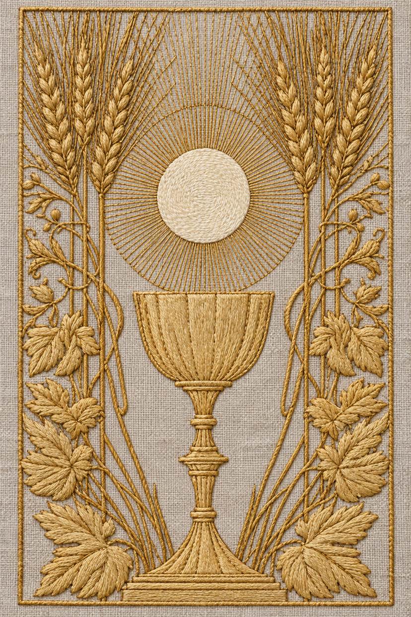 Antique-gold chalice, wheat and acanthus panel with an ivory host and radiating rays on pale stone-grey linen.