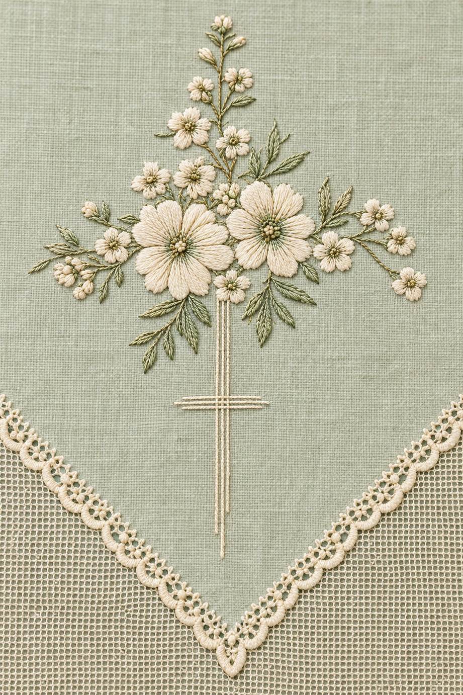 Ivory floral cross with delicate sage foliage above a V-shaped scalloped lace handkerchief corner on pale celadon linen.