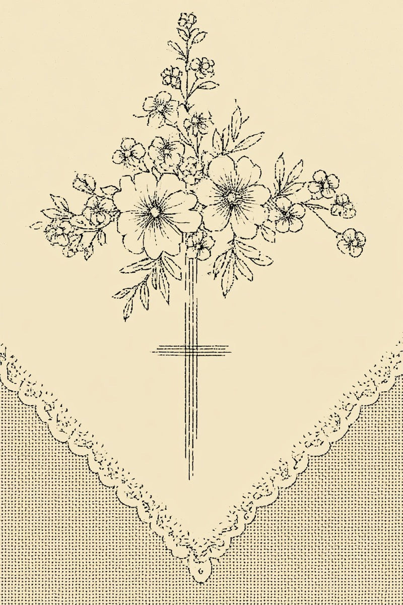 Original drawing of floral cross and lace handkerchief corner from Church Embroidery and Sacred Ornament Edition One.