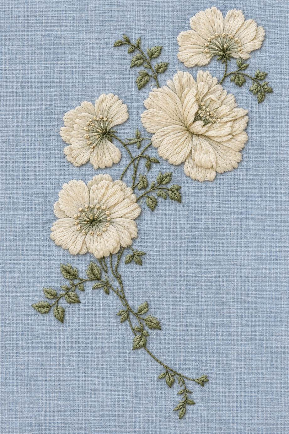 Four warm ivory flowers with fine sage leaves and a curving slender stem in a whitework corner spray on powder blue linen.