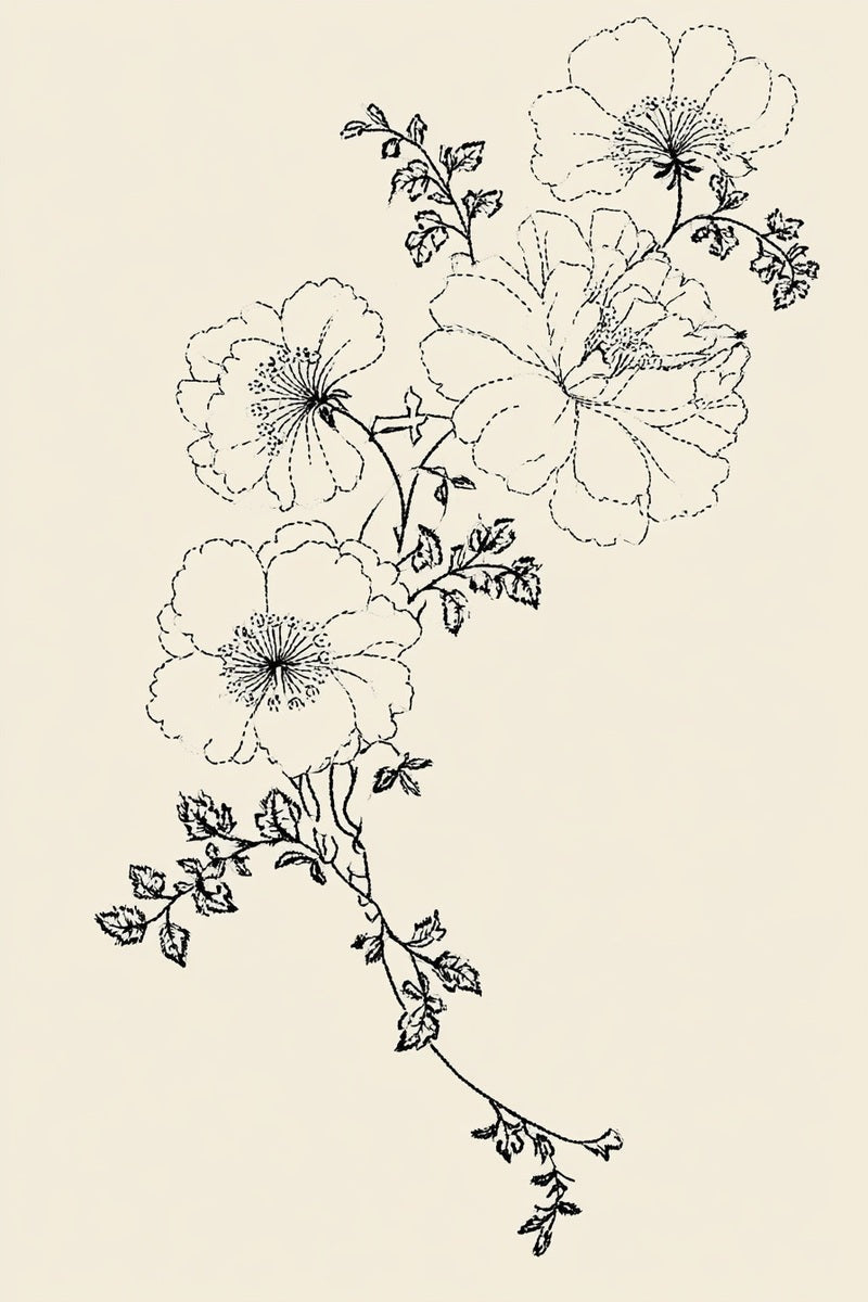 Original drawing of four flower whitework corner spray from Church Embroidery and Sacred Ornament Edition One.