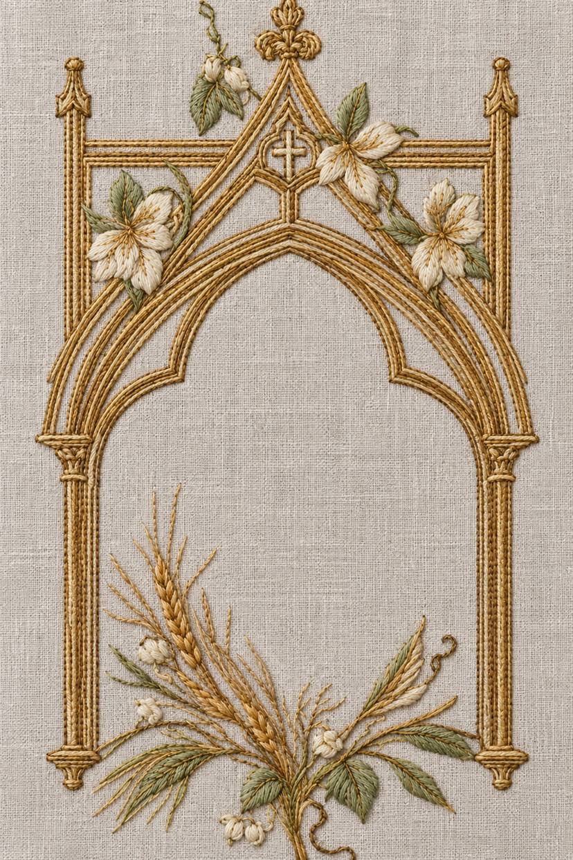 Antique-gold Gothic frame with a small cross, ivory flowers and a wheat-and-leaf spray on pale stone-grey linen.