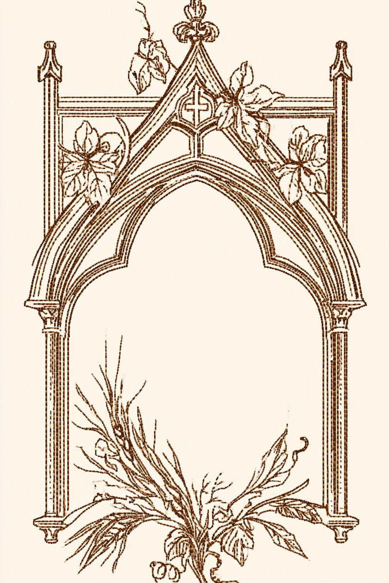 Original drawing of gothic floral frame with cross from Church Embroidery and Sacred Ornament Edition One.