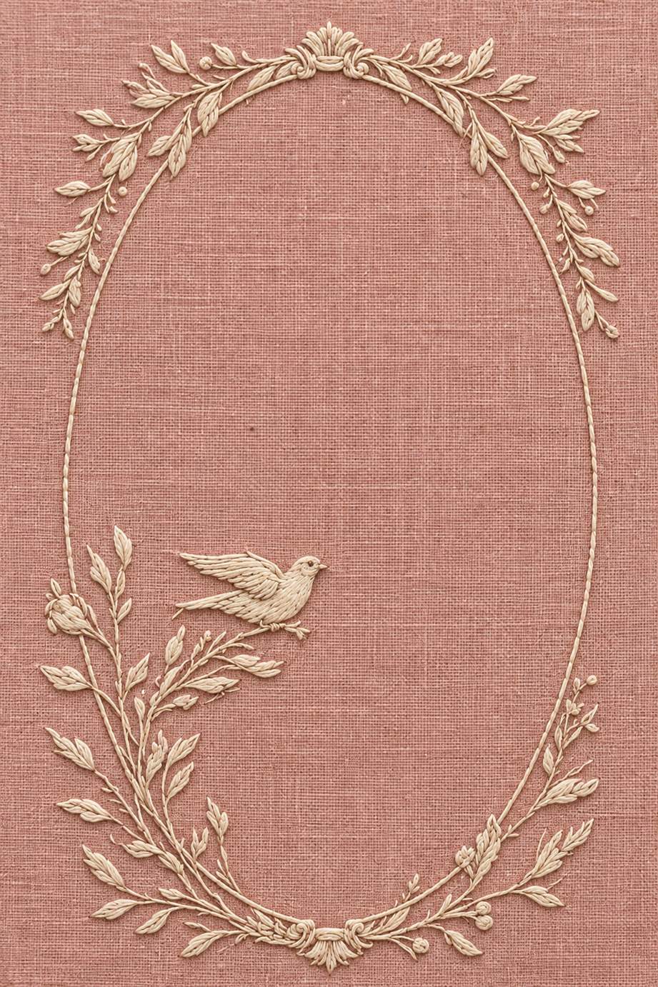 Warm ivory leafy oval frame with a dove and open center on dusty rose linen.