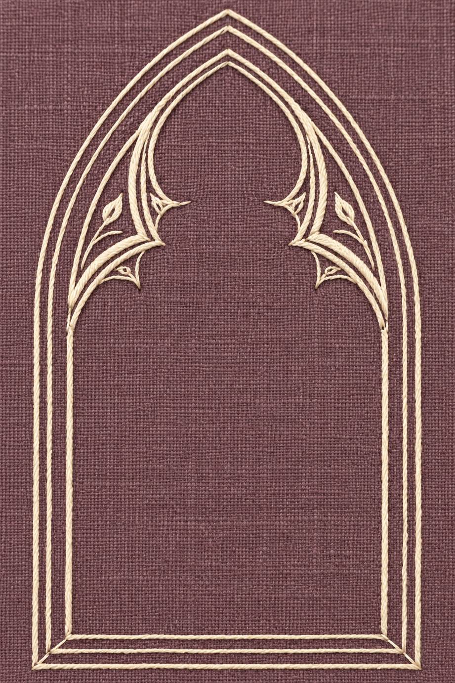 Warm ivory pointed Gothic window frame with fine nested outlines and delicate upper tracery on dusty plum linen.