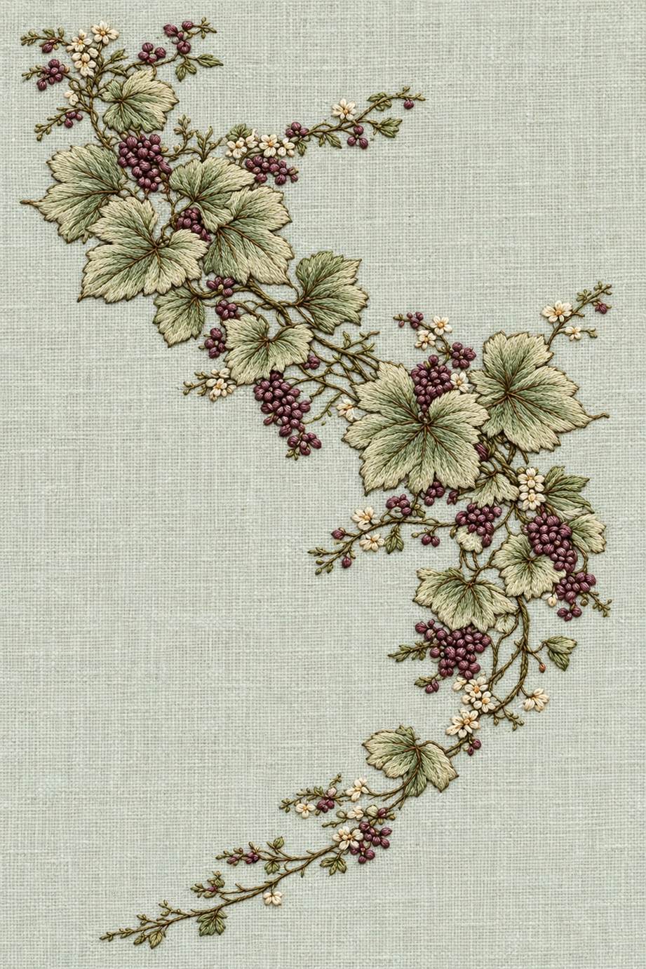 Sweeping grapevine corner border with sage leaves, dusty plum grapes and small ivory flowers on pale celadon linen.