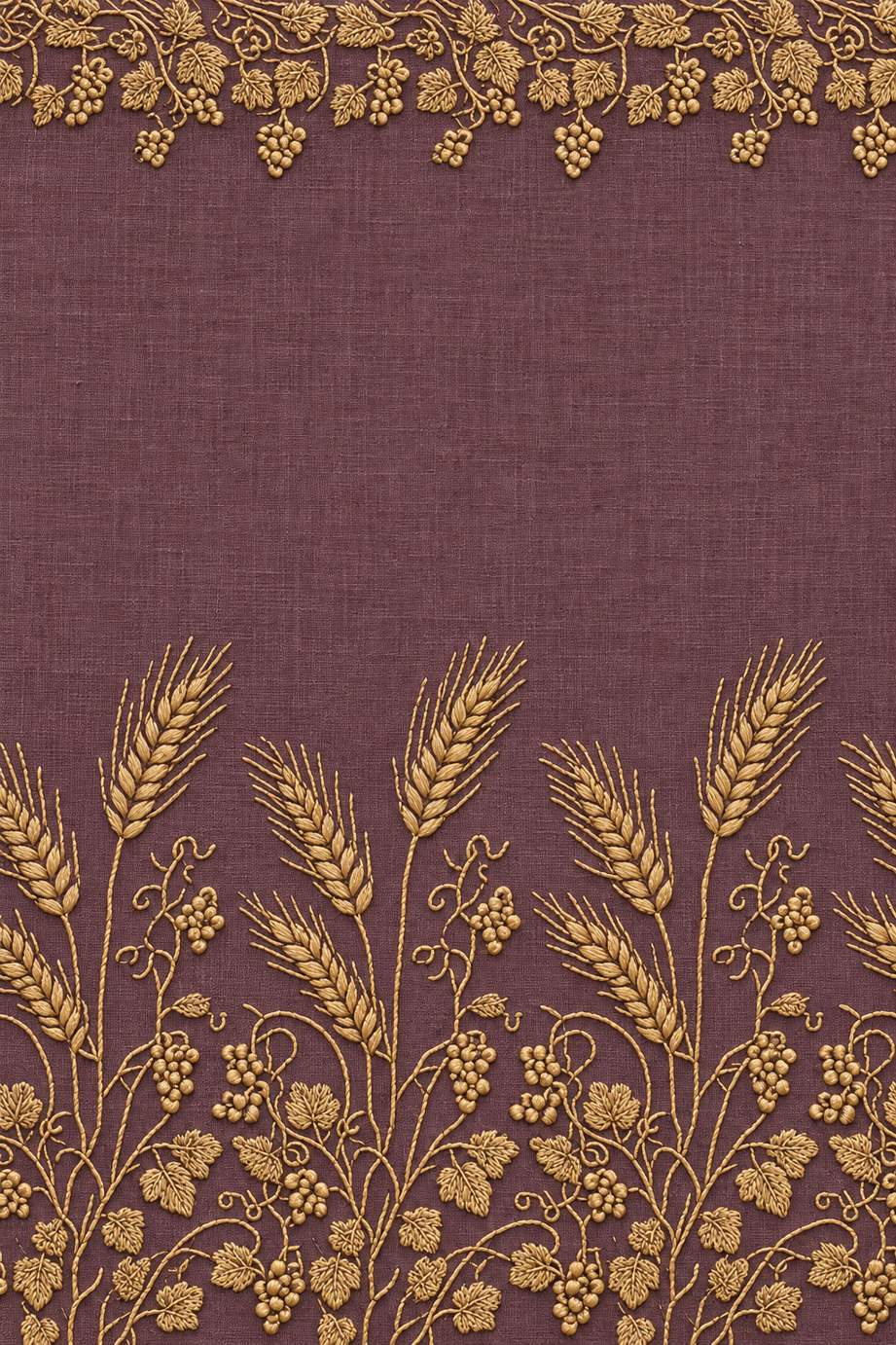 Single-color antique-gold wheat and grapevine altar border with a narrow upper band and tall lower wheat stems on dusty plum linen.