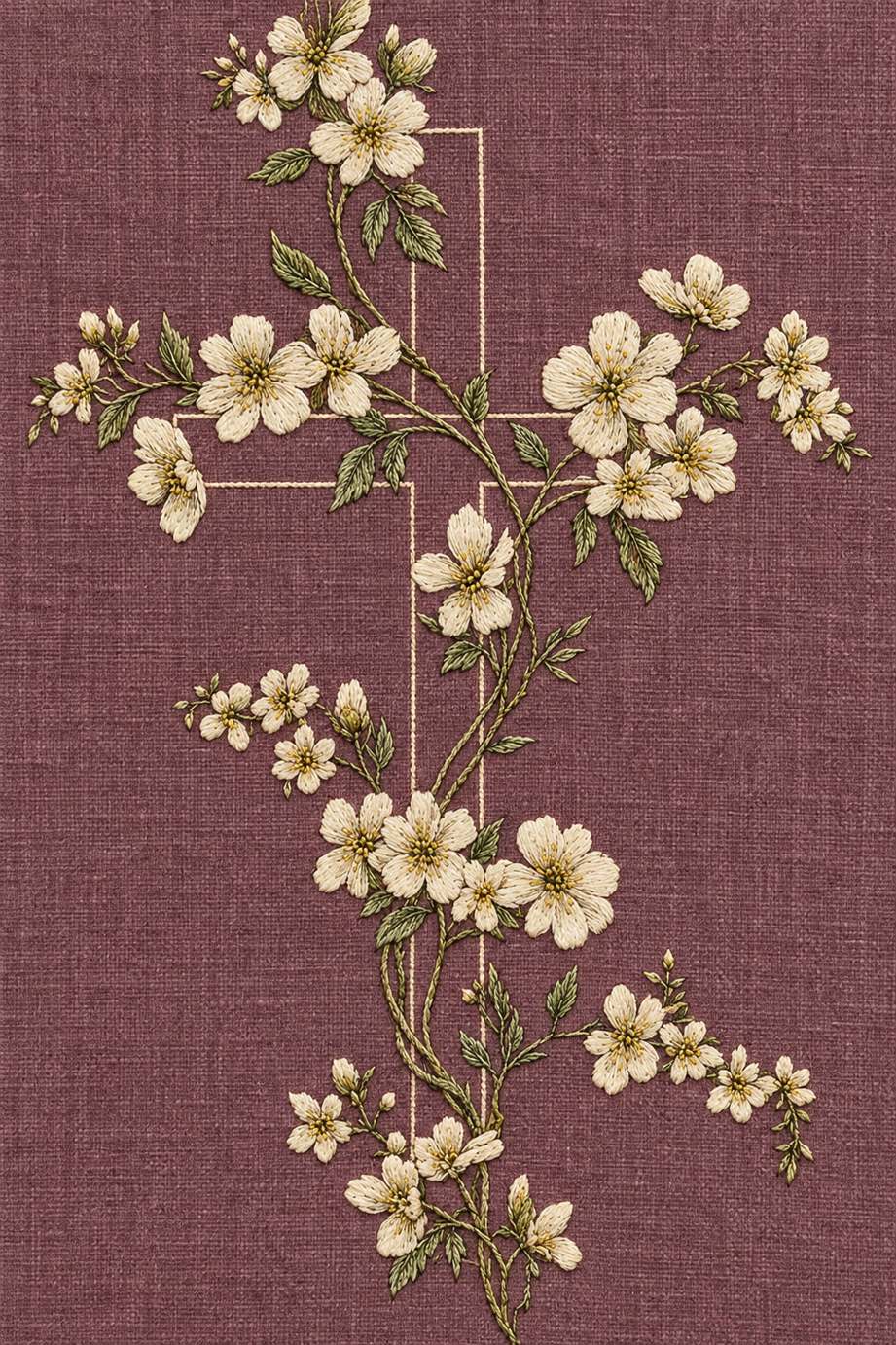 Fine cotton embroidery of blossom vine over outline cross on dusty plum linen.